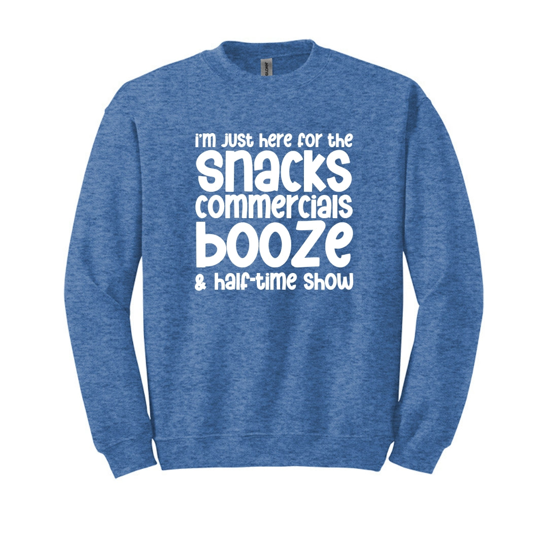 I'm just here for the snacks, commercials, booze & halftime show - Fun Football Crewneck Sweatshirt