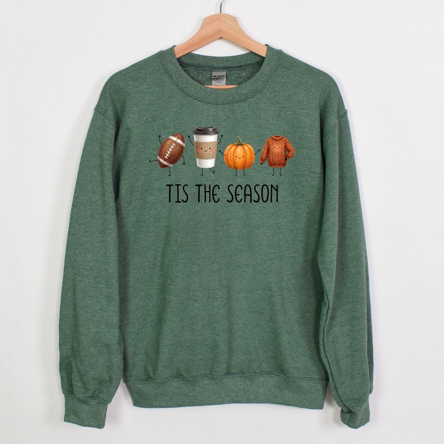 Tis The Season | Fun Doodle Art Gildan Crewneck | Football, Coffee, Pumpkins & Sweaters!