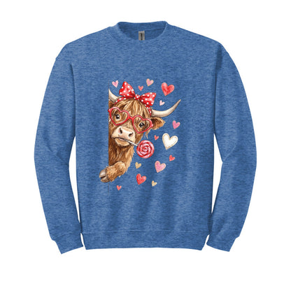 Adorable Peeking Valentine Highland Cow - Heavy Blend Crewneck