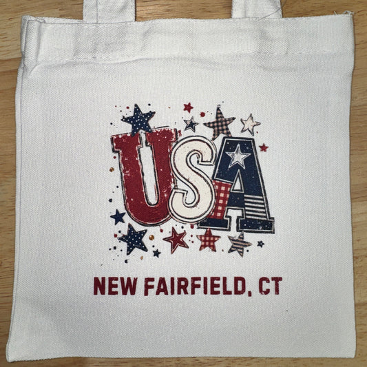 USA Patchwork Mini Tote Bags – 8" x 8.75" White Canvas - Customize with your town!