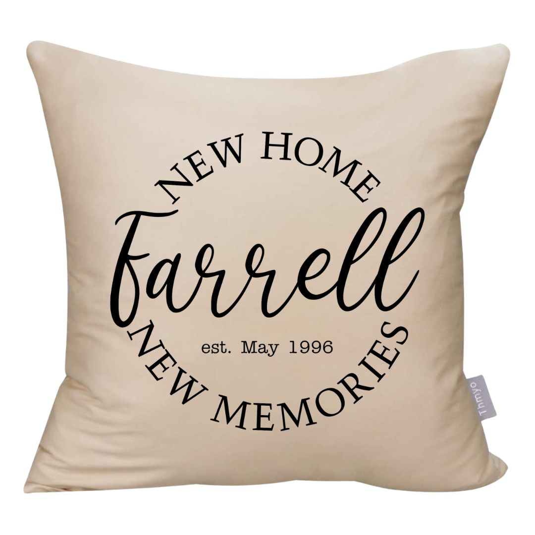 Nuevo hogar, nuevos recuerdos - Funda de almohada personalizada de 18 x 18 - Regalo de inauguración de la casa