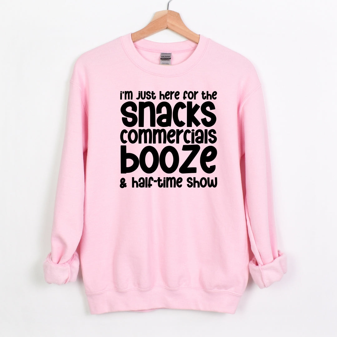 I'm just here for the snacks, commercials, booze & halftime show - Fun Football Crewneck Sweatshirt