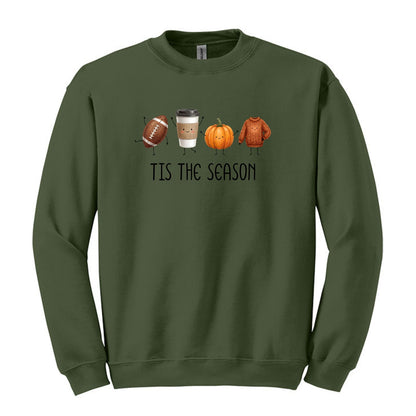 Tis The Season | Fun Doodle Art Gildan Crewneck | Football, Coffee, Pumpkins & Sweaters!