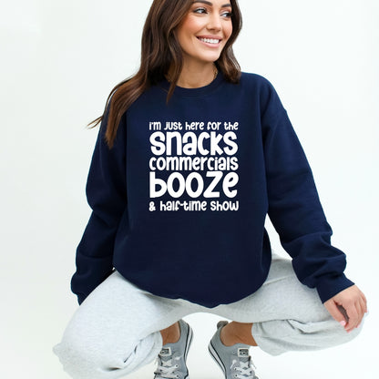 I'm just here for the snacks, commercials, booze & halftime show - Fun Football Crewneck Sweatshirt