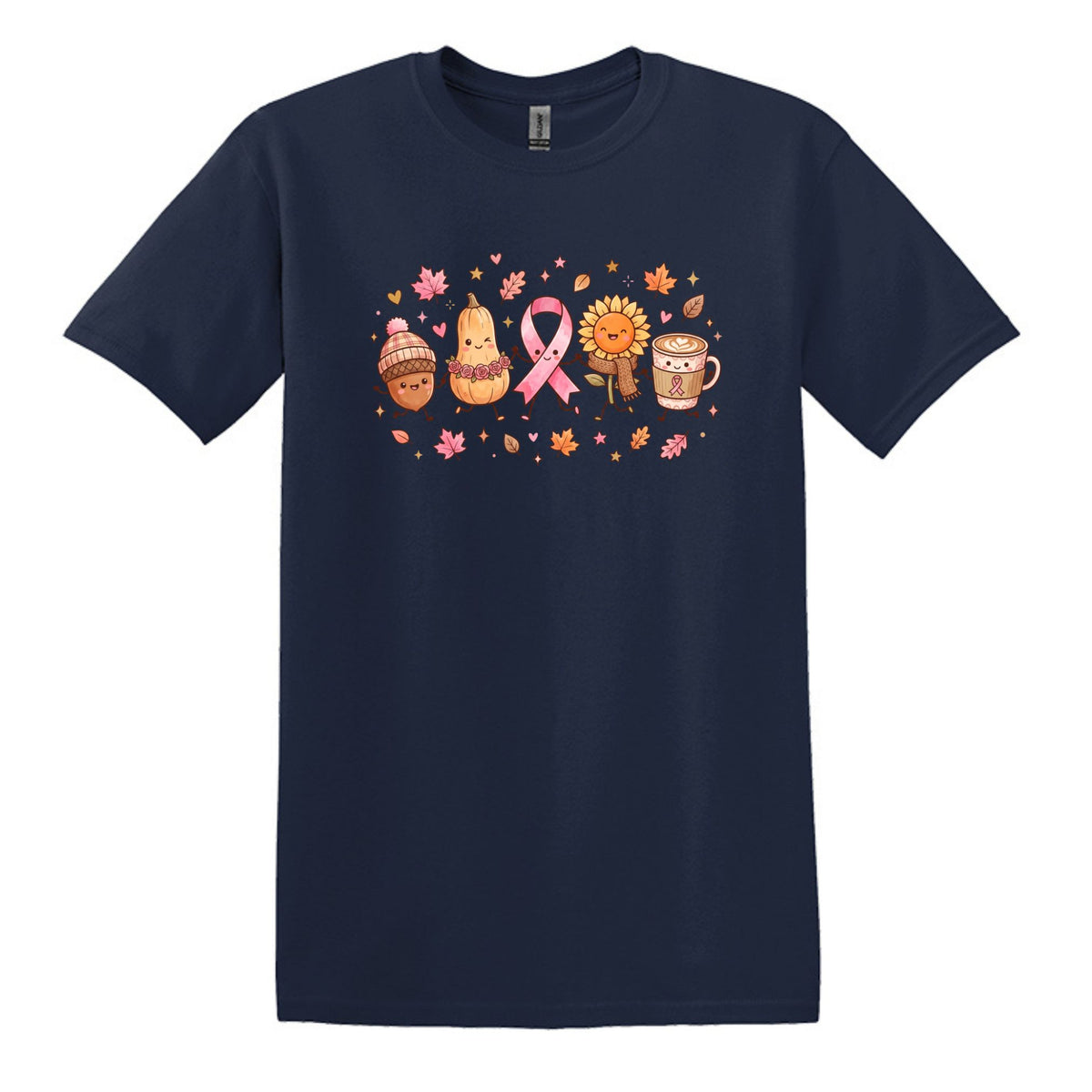 Fall Themed Doodle Art - Breast Cancer Awareness - Gildan Softstyle T-shirt