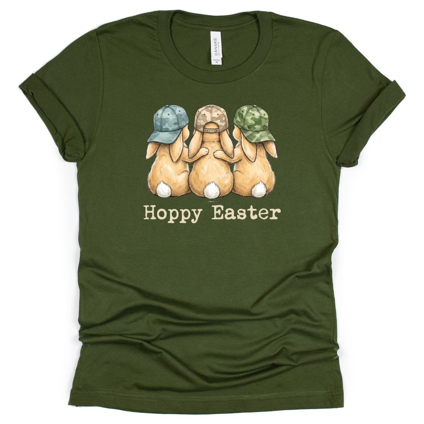 Hoppy Easter - Bunnies with Camo Hats - BELLA+CANVAS ® Unisex Jersey Short Sleeve Tee