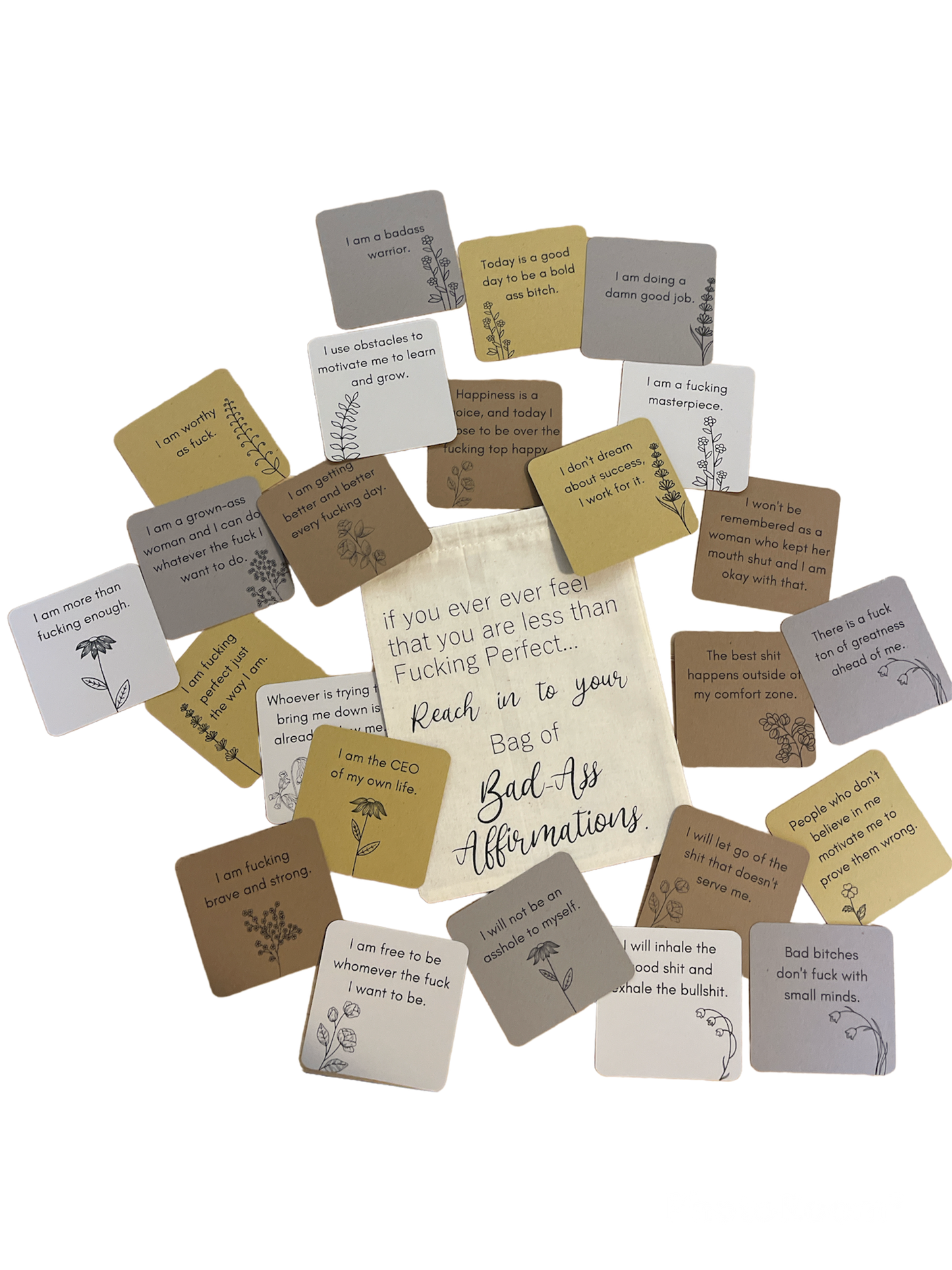 Cartes d'affirmation de jure – Comprend 24 cartes de renforcement de la confiance dans un joli sac à cordon en coton.