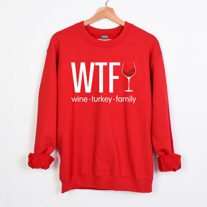 WTF - Wine. Turkey. Family. (or Friends!) - Fun Fall Sweatshirt - Red Glitter Wine