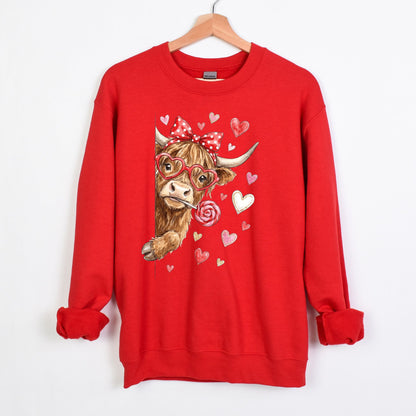 Adorable Peeking Valentine Highland Cow - Heavy Blend Crewneck
