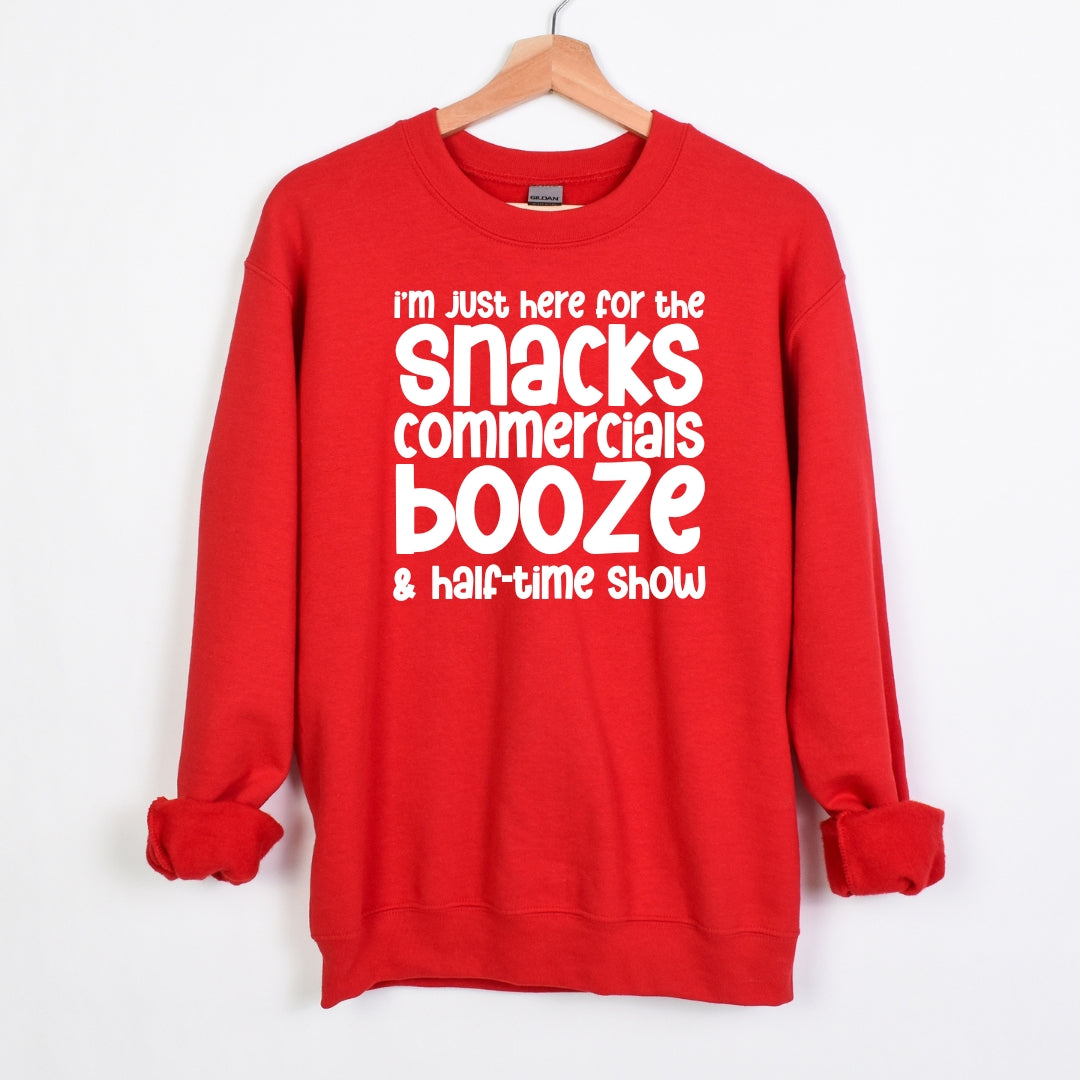 I'm just here for the snacks, commercials, booze & halftime show - Fun Football Crewneck Sweatshirt