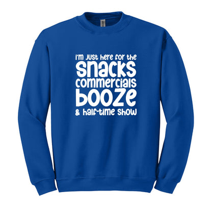 I'm just here for the snacks, commercials, booze & halftime show - Fun Football Crewneck Sweatshirt