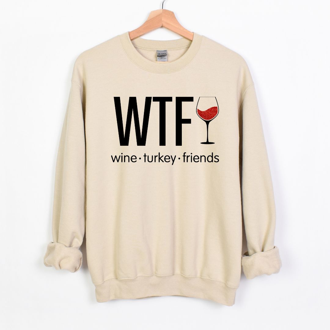 WTF - Wine. Turkey. Family. (or Friends!) - Fun Fall Sweatshirt - Red Glitter Wine