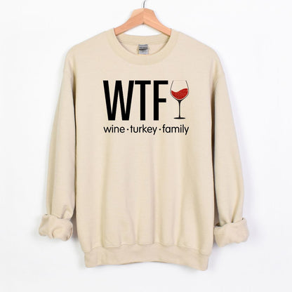 WTF - Wine. Turkey. Family. (or Friends!) - Fun Fall Sweatshirt - Red Glitter Wine