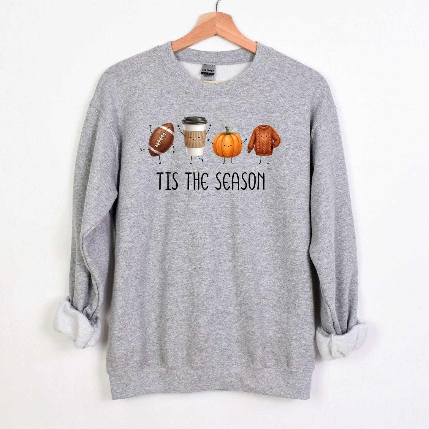 Tis The Season | Fun Doodle Art Gildan Crewneck | Football, Coffee, Pumpkins & Sweaters!