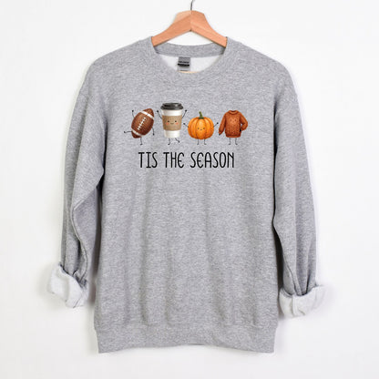 Tis The Season | Fun Doodle Art Gildan Crewneck | Football, Coffee, Pumpkins & Sweaters!