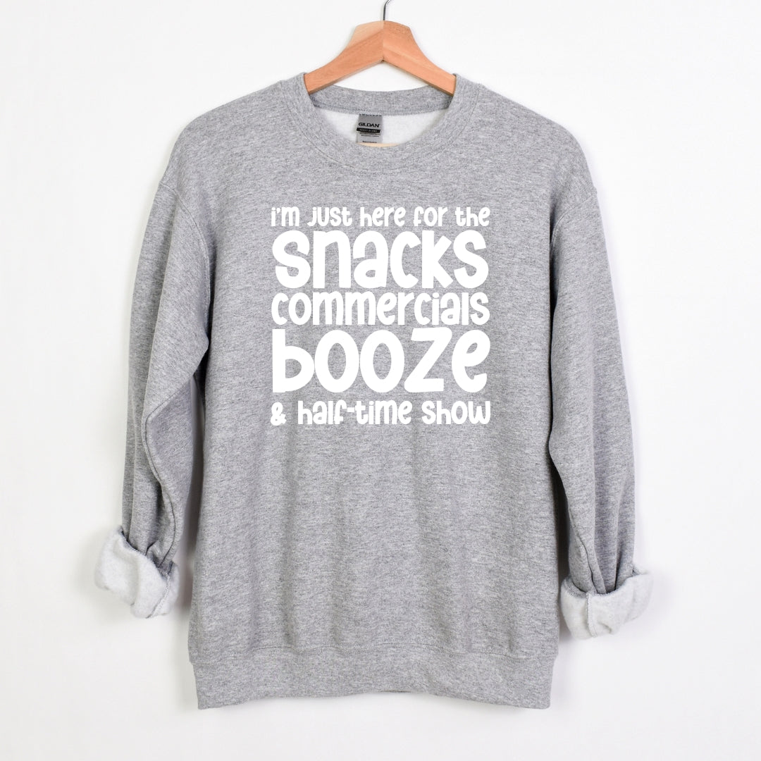 I'm just here for the snacks, commercials, booze & halftime show - Fun Football Crewneck Sweatshirt