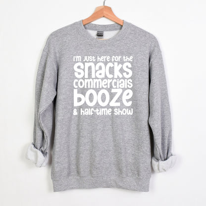 I'm just here for the snacks, commercials, booze & halftime show - Fun Football Crewneck Sweatshirt