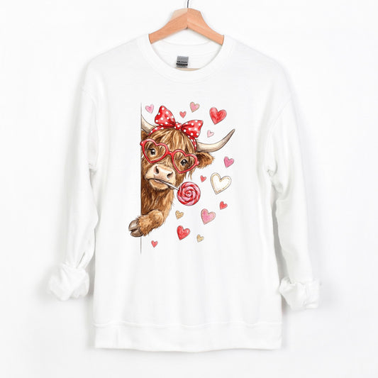 Adorable Peeping Valentine Highland Cow - Heavy Blend Crewneck