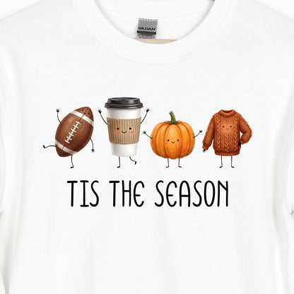 Tis The Season | Fun Doodle Art Gildan Crewneck | Football, Coffee, Pumpkins & Sweaters!