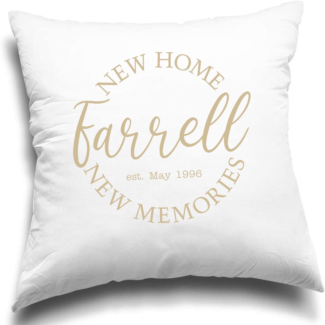 Nuevo hogar, nuevos recuerdos - Funda de almohada personalizada de 18 x 18 - Regalo de inauguración de la casa