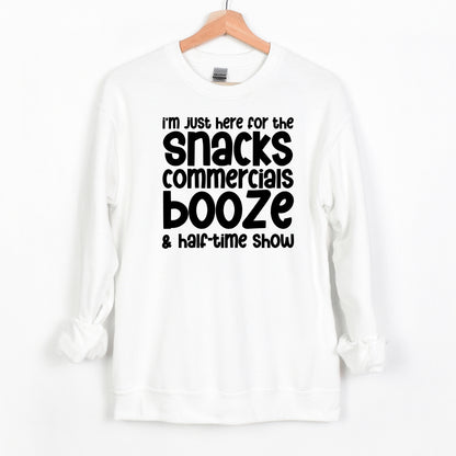 I'm just here for the snacks, commercials, booze & halftime show - Fun Football Crewneck Sweatshirt