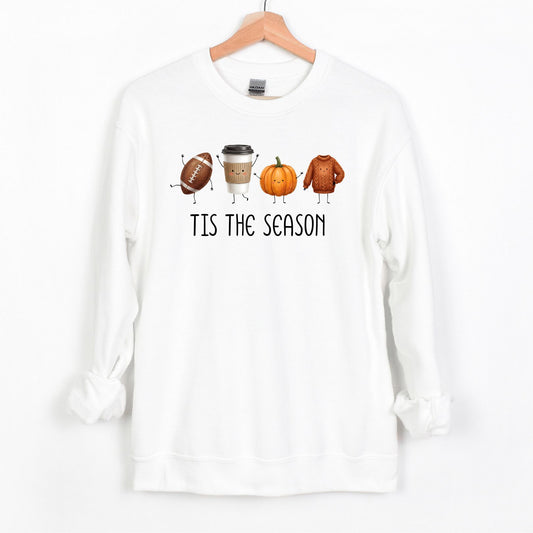 Tis The Season | Fun Doodle Art Gildan Crewneck | Football, Coffee, Pumpkins & Sweaters!