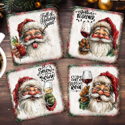 Funny Drinking Santa - Set of 4 Square Coasters - MDF with cork backing