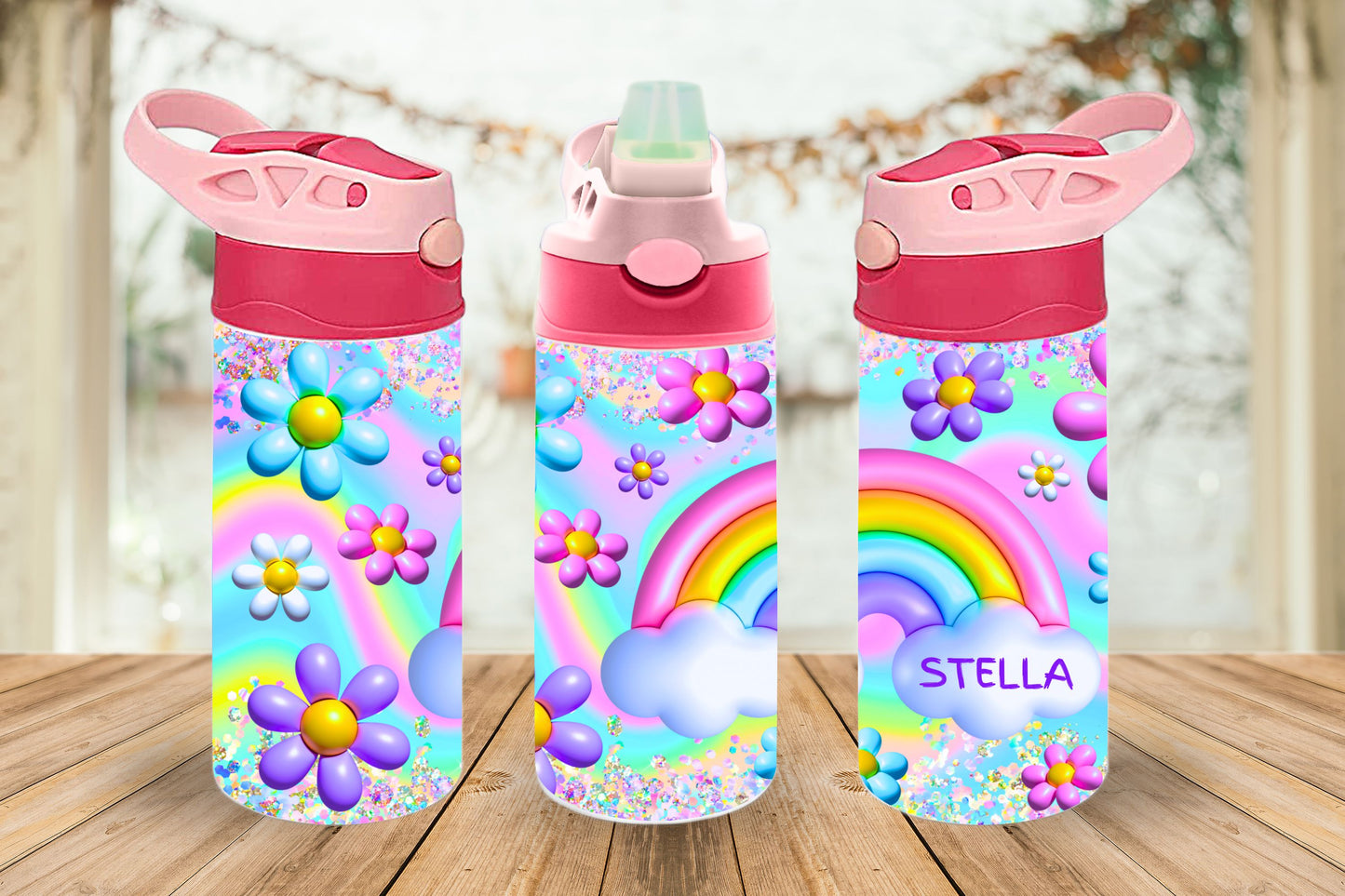 12 oz. Kids Stainless Tumbler with Straw Lid - Rainbows and Flowers - Personalized with name